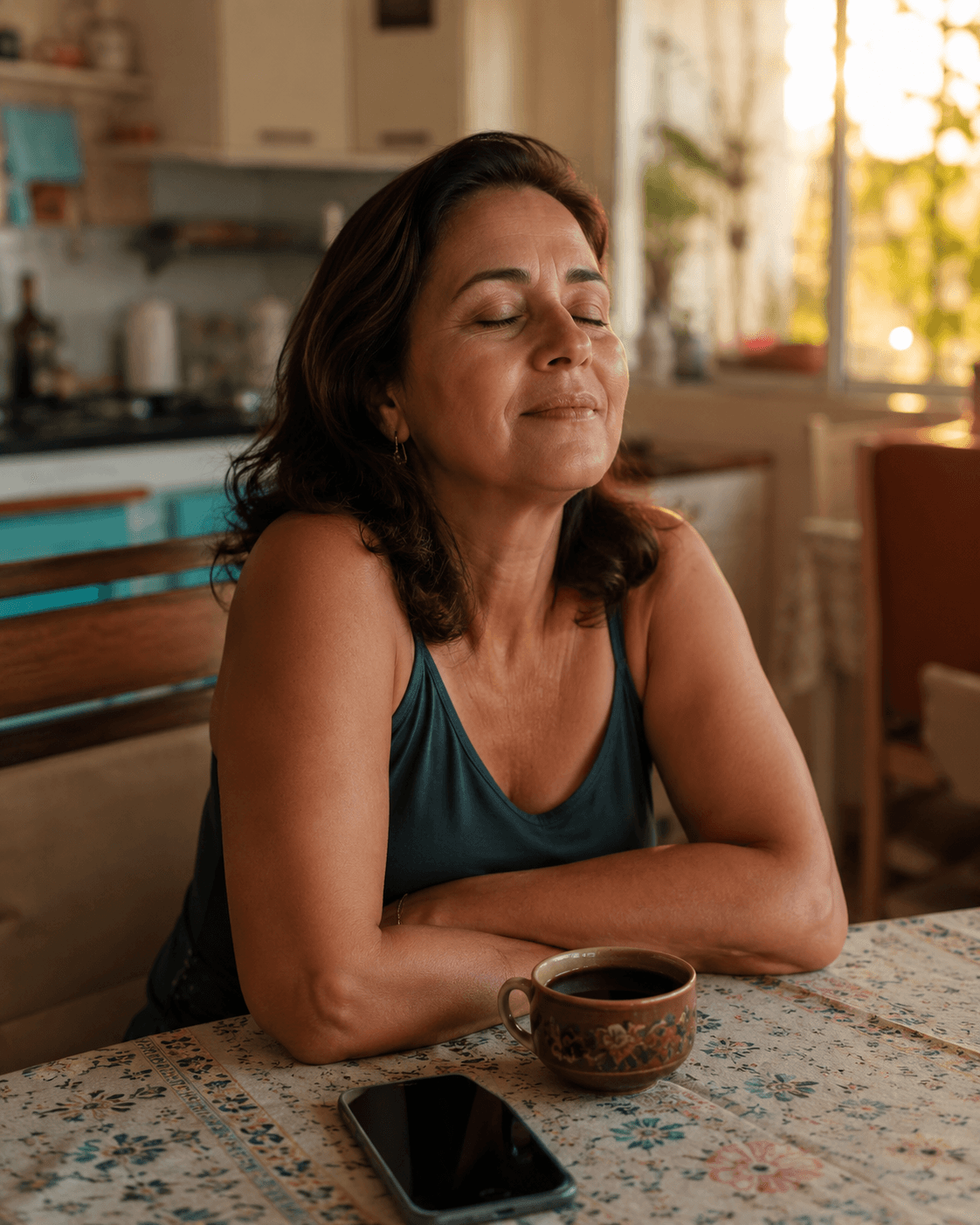 Uma mulher sentada à mesa da cozinha, de olhos fechados, respirando com calma, com um café e o celular ao lado.